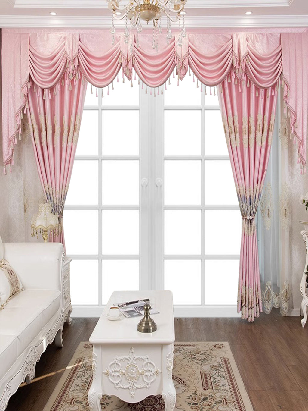 Shopi Vella luxury embroidered bedroom curtains in pink with intricate gold detailing and elegant scalloped valance