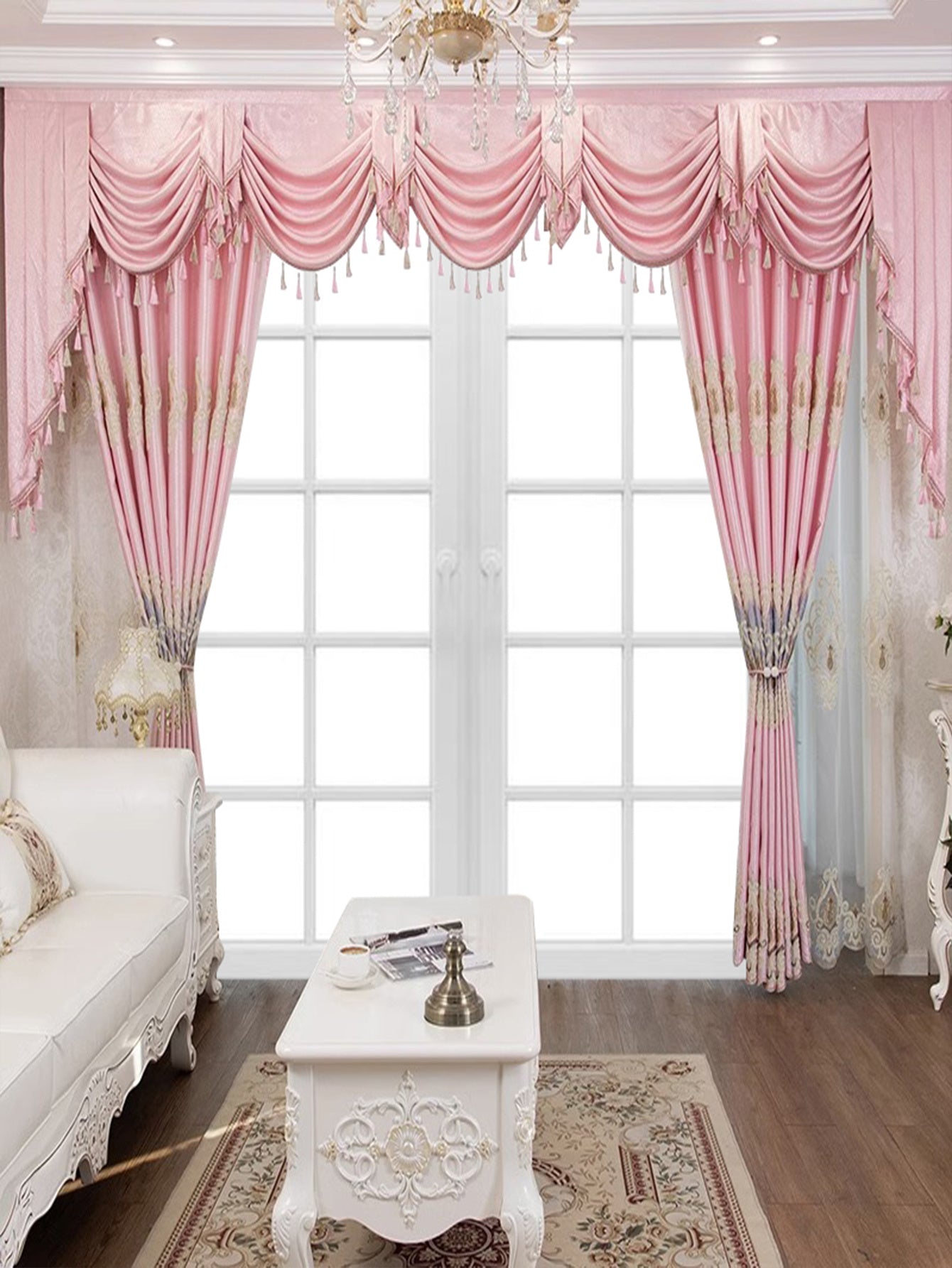 Shopi Vella luxury embroidered bedroom curtains in pink with intricate gold detailing and elegant scalloped valance