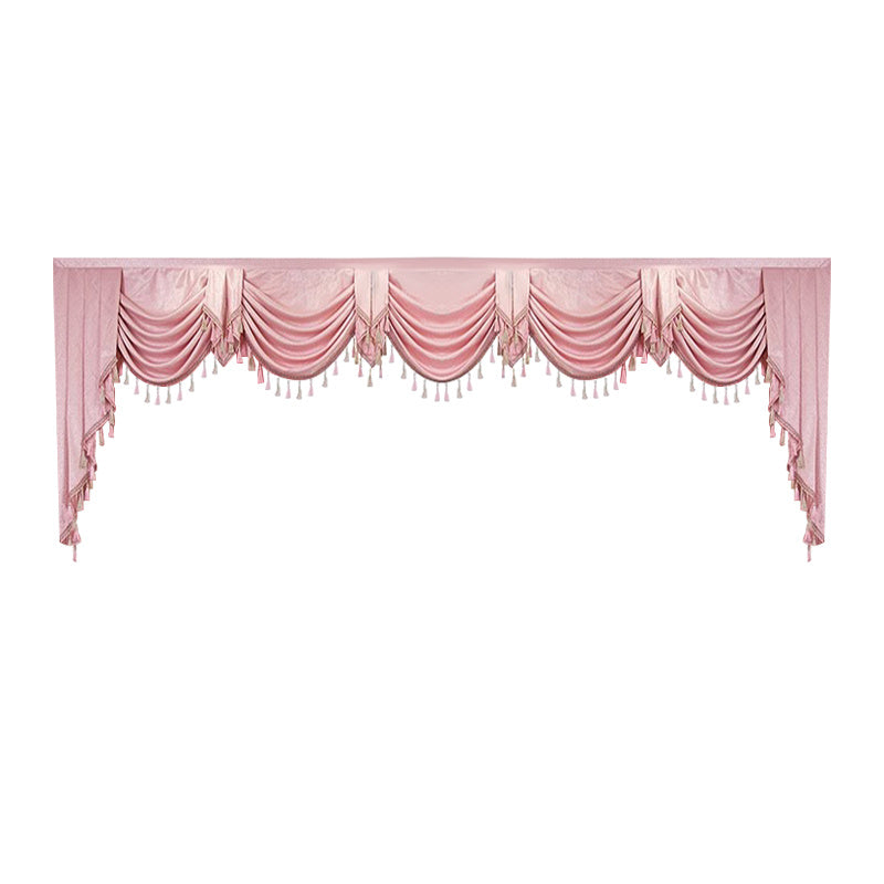 Pink luxury embroidered bedroom curtains with scalloped design and tassel details by Shopi Vella