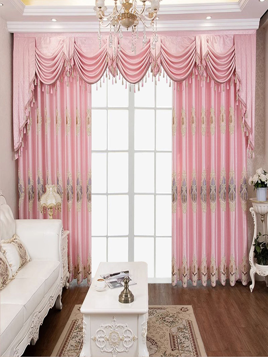 Shopi Vella luxury embroidered bedroom curtains in pink with intricate designs and tassel valance