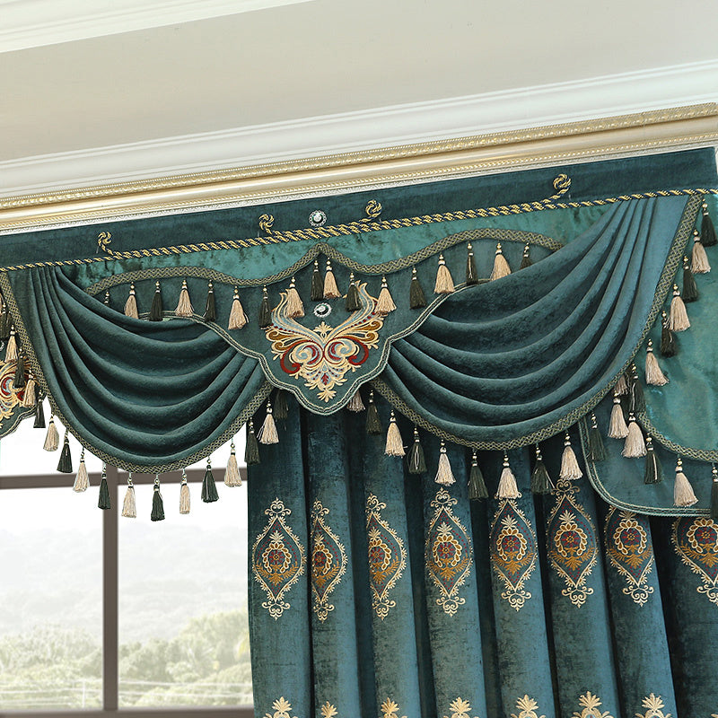 Shopi Vella luxury embroidered velvet curtains in teal with intricate tassels and ornate detailing