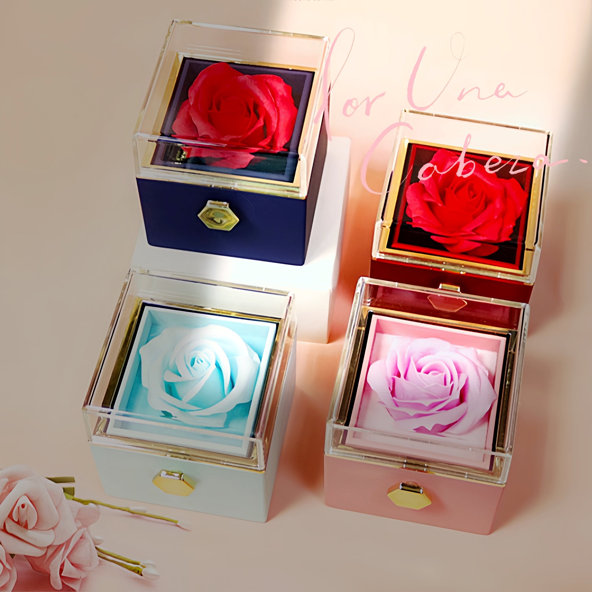 Elegant soap flower jewelry packaging boxes in red, blue, pink, and white with transparent lids