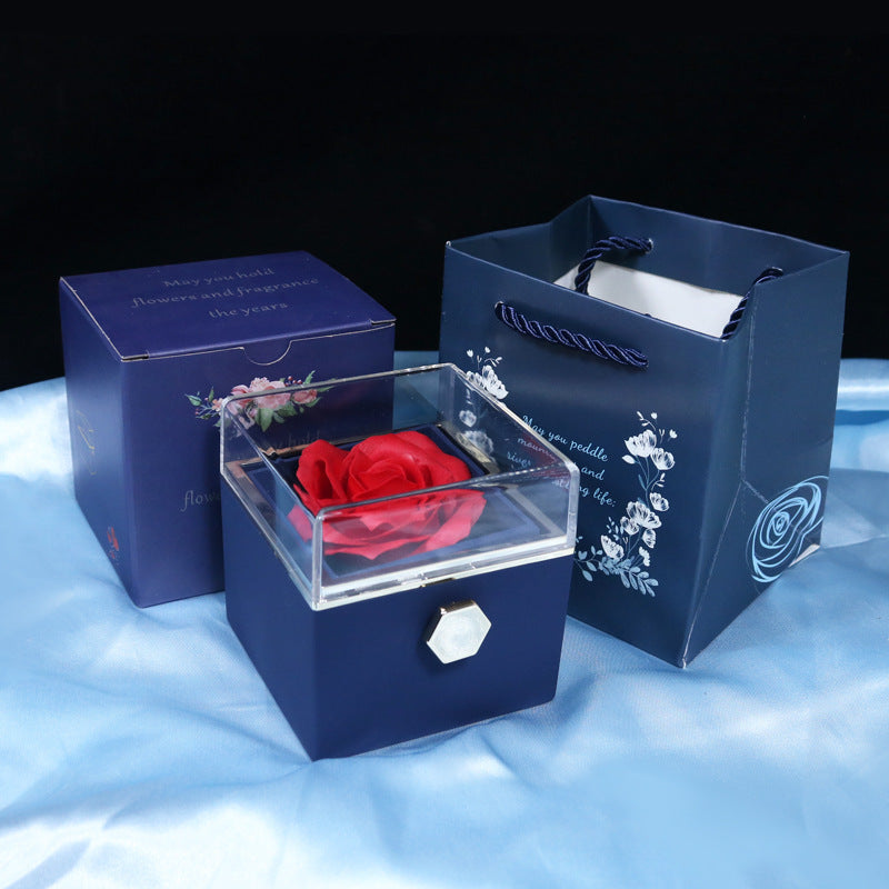 Elegant blue soap flower jewelry packaging box with red rose and matching gift bag for home storage