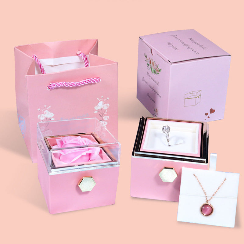 Pink soap flower jewelry packaging box with clear lid and gift bag for elegant home storage