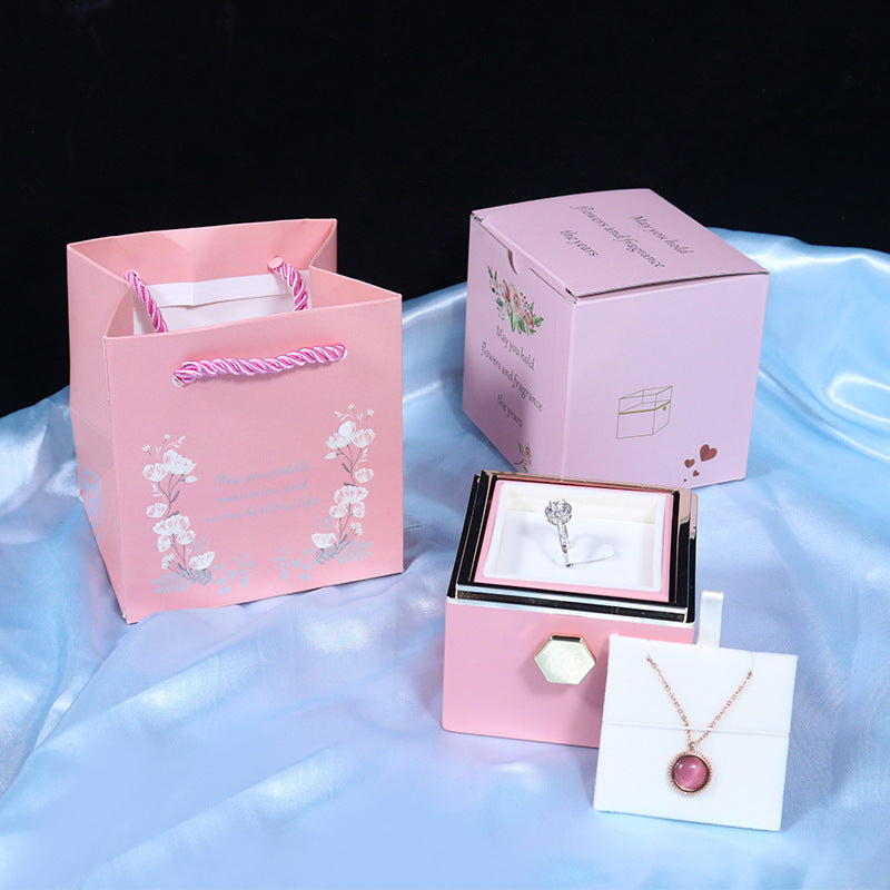 Pink soap flower jewelry packaging set with gift bag, box, ring, and necklace for home storage