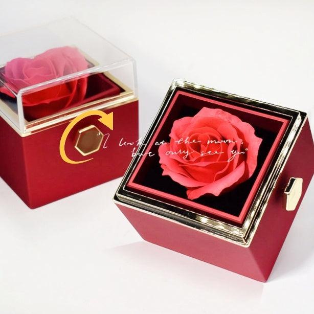 Red soap flower jewelry packaging box with transparent and gold accents for home storage