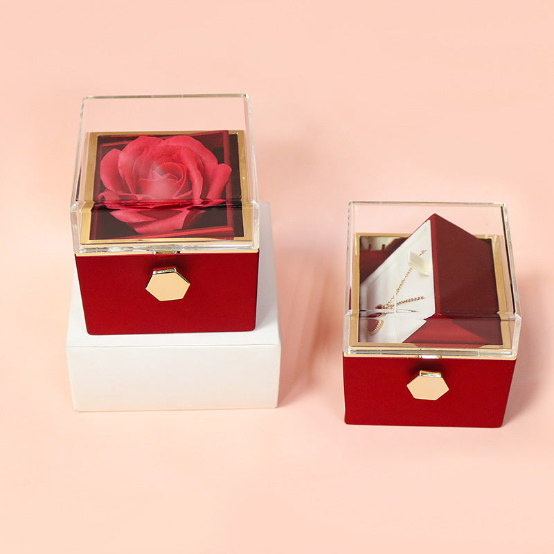 Red soap flower jewelry packaging box with clear lid and hexagonal gold clasp for elegant home storage