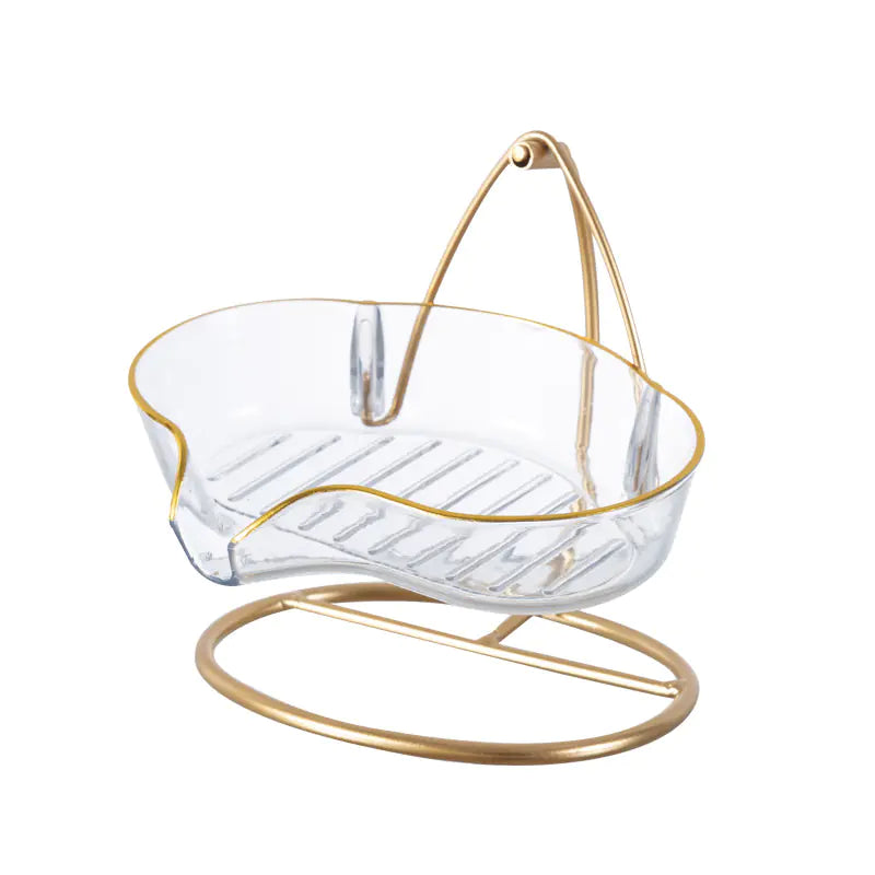 Luxury soap holder with drainage made of clear glass and gold metal stand for elegant bathroom decor