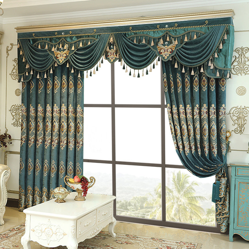 Shopi Vella luxury velvet blackout curtains in teal with ornate gold patterns and tassel valances