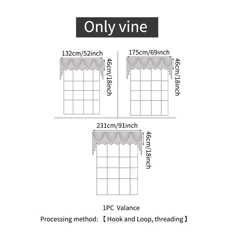 Diagram showing dimensions and design details for luxury velvet blackout curtains valance with hook and loop processing