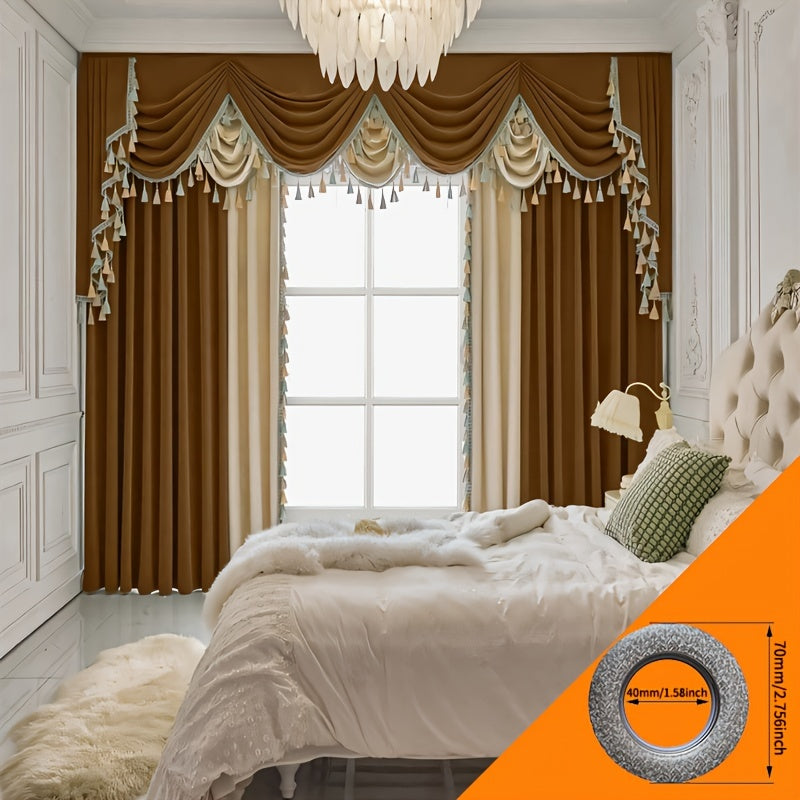 Shopi Vella luxury velvet splicing curtains in brown and cream with tassel valance in elegant bedroom
