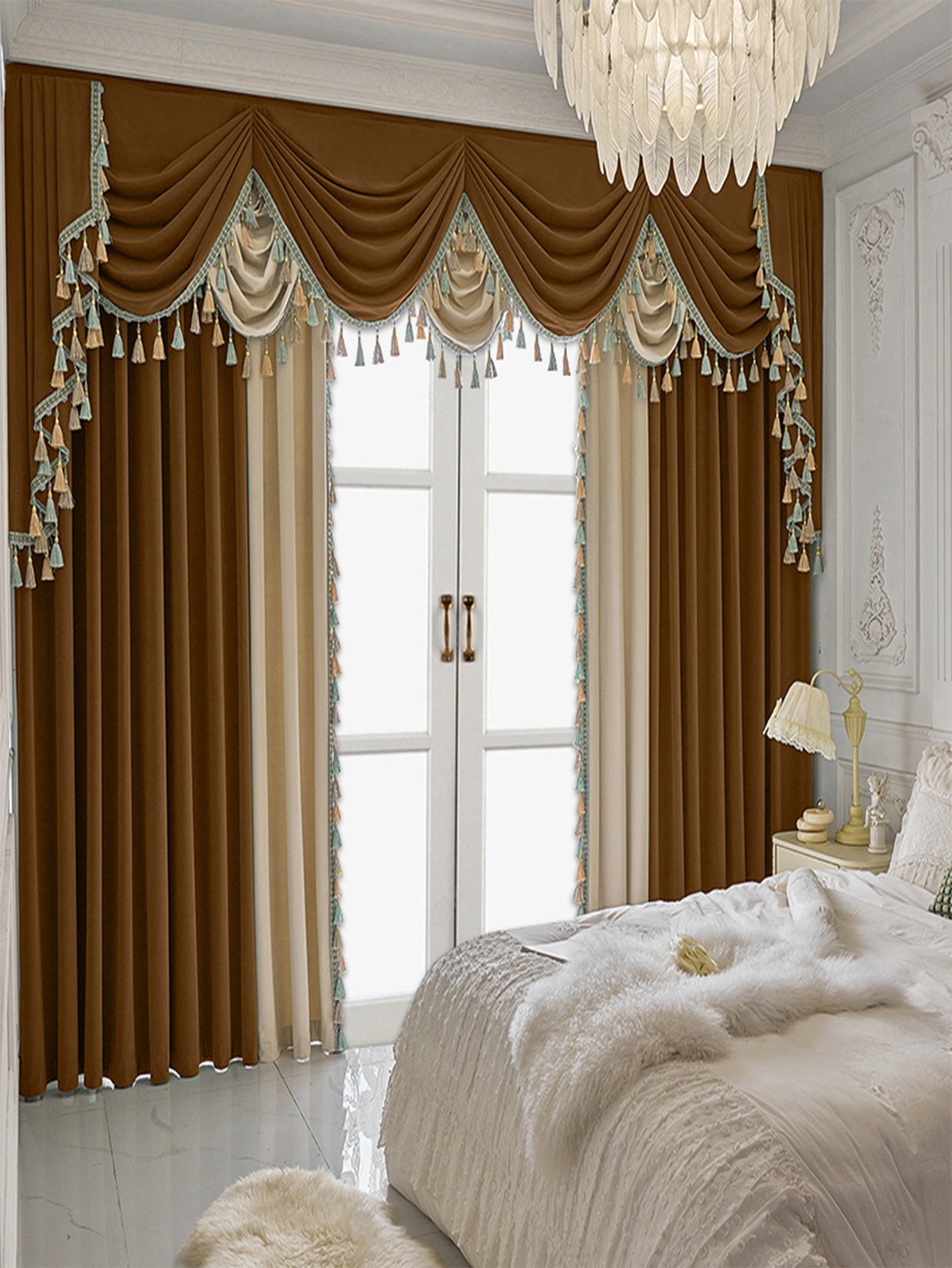Shopi Vella luxury velvet splicing curtains in brown and beige with tassel detailing in elegant bedroom