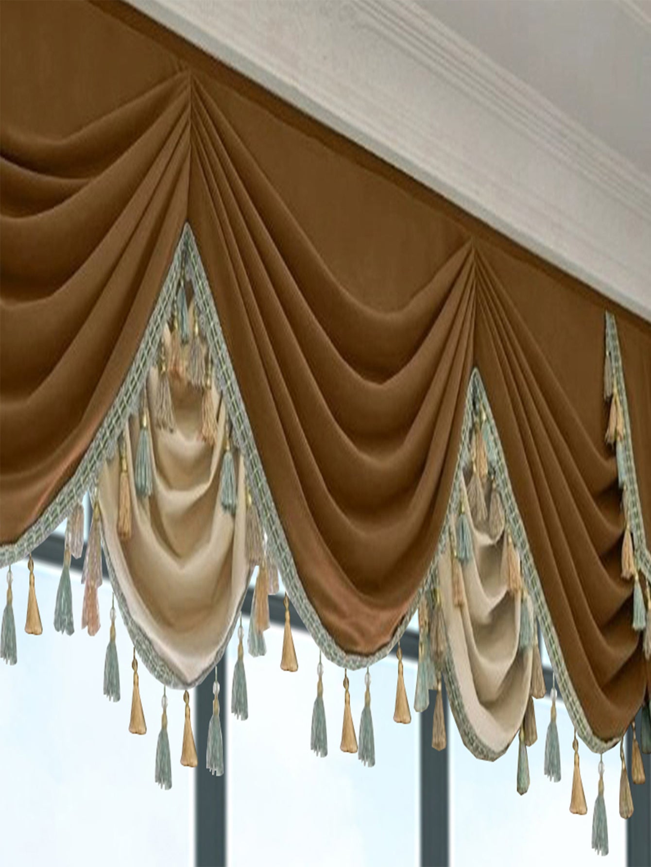 Shopi Vella luxury velvet splicing curtains with brown and beige fabric and decorative tassels