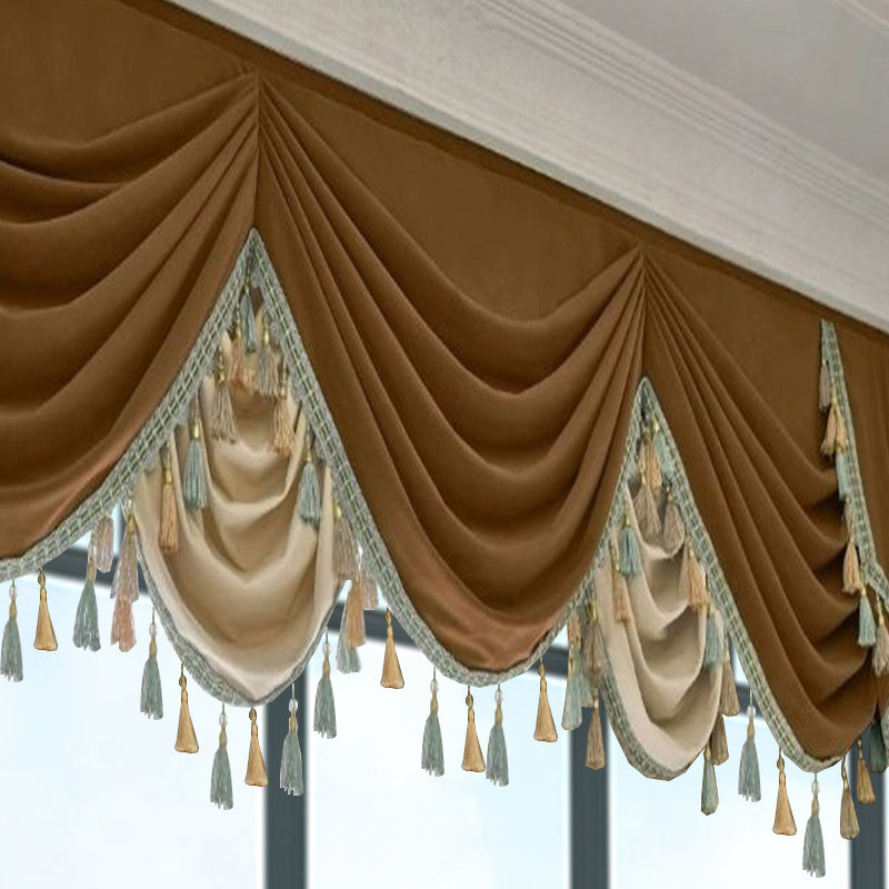 Shopi Vella luxury velvet splicing curtains with elegant drapes and decorative tassels in brown and beige