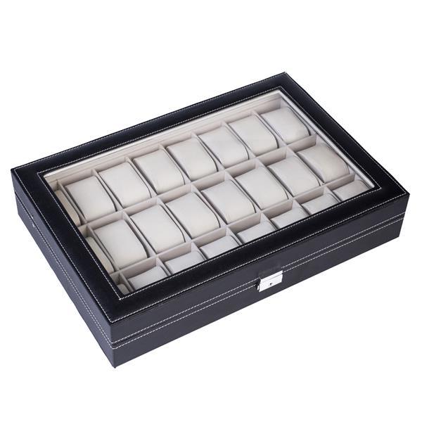 Shopi Vella luxury watch organizer case with black leather exterior and glass top displaying cushioned compartments