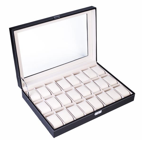Shopi Vella luxury watch organizer case with black exterior and cushioned slots for 24 watches