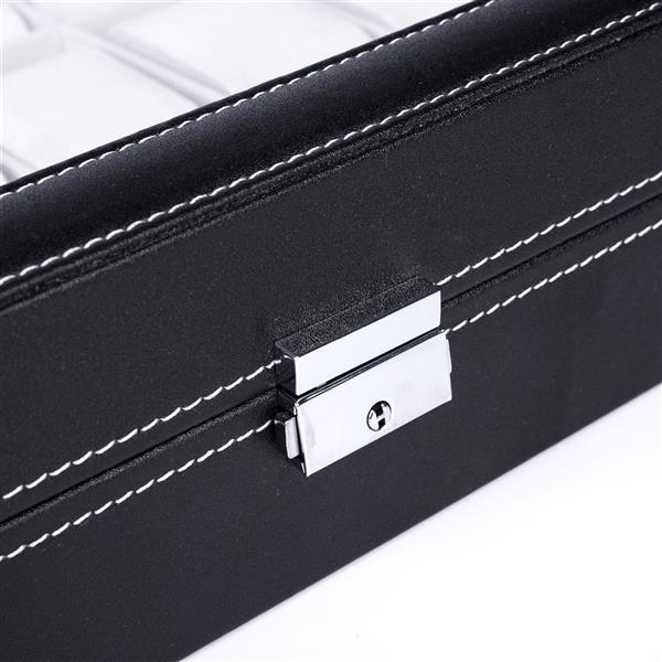 Black luxury watch organizer case with white stitching and silver lock closure detail