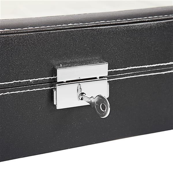 Shopi Vella luxury watch organizer case black with silver lock and white stitching detail