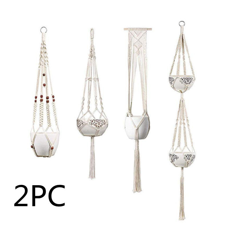 Shopi Vella macrame hanging plant holders for home with decorative white pots and tassels set of four