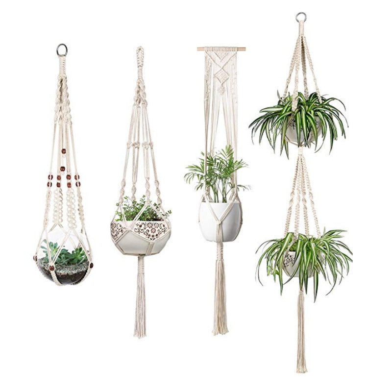 Set of four Shopi Vella macrame hanging plant holders for home with various designs and potted green plants