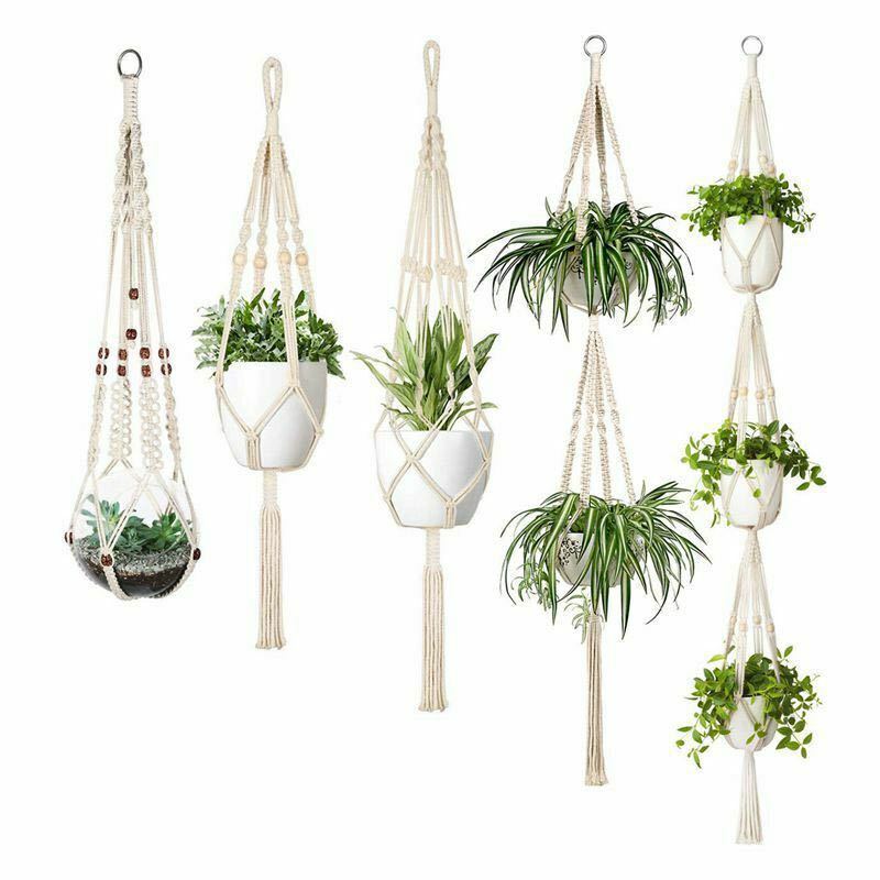 Shopi Vella macrame hanging plant holders for home with white pots and green plants in various designs