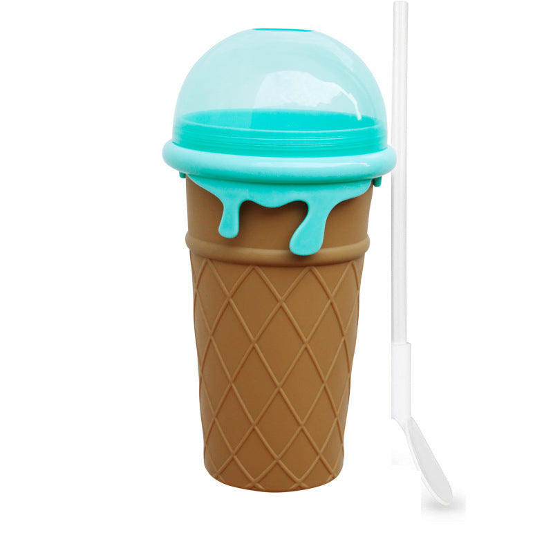 Shopi Vella magic slushy maker cup shaped like a brown ice cream cone with blue lid and white spoon