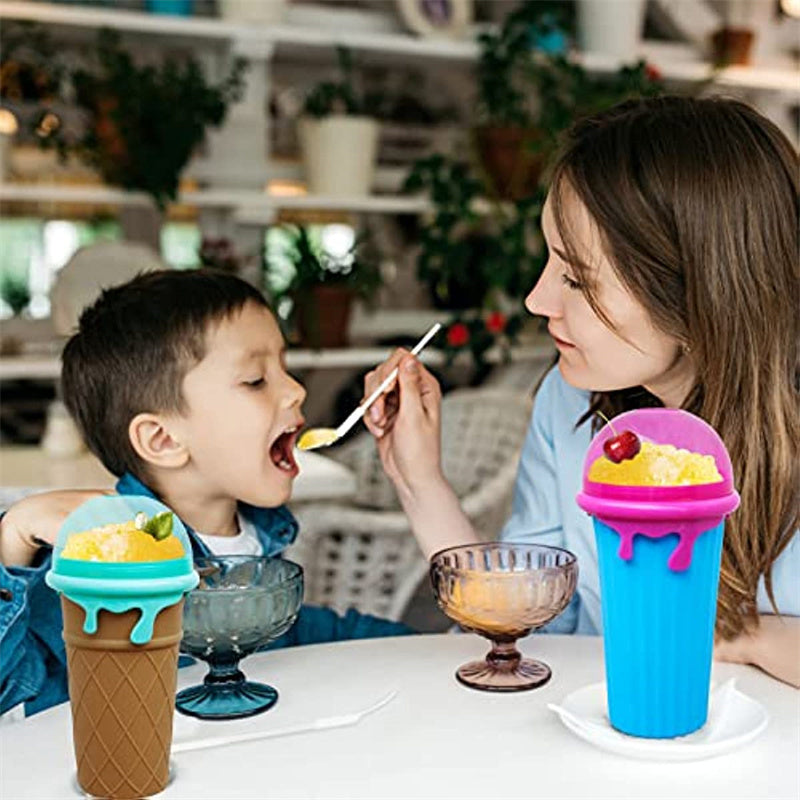 Shopi Vella magic slushy maker cup in blue and brown with colorful lids and slushy desserts served at a table