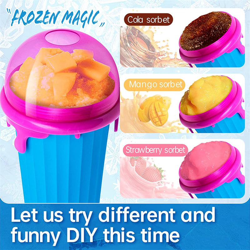 Shopi Vella magic slushy maker cup in blue and pink with cola mango and strawberry sorbet flavors