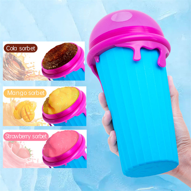 Shopi Vella magic slushy maker cup with pink lid and blue body held in hand for making flavored sorbets