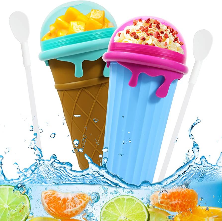 Shopi Vella kitchen storage magic slushy maker cup in ice cream cone and blue designs with spoons