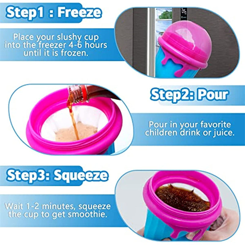 Step-by-step instructions for using magic slushy maker cup to freeze, pour drink, and squeeze for smoothie