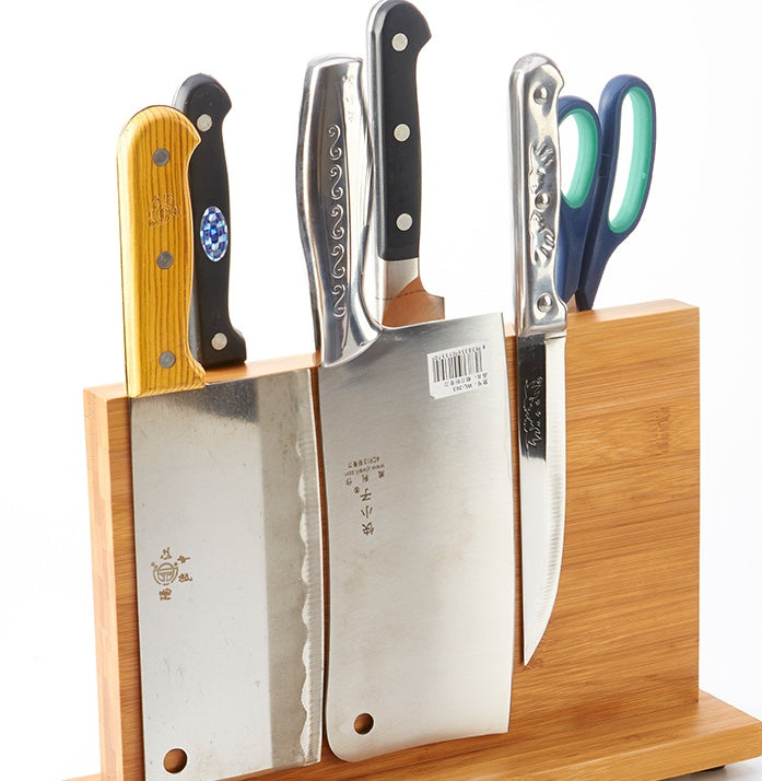 Shopi Vella magnetic knife holder for kitchen made of bamboo holding various knives and scissors