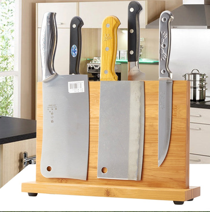 Shopi Vella wooden magnetic knife holder for kitchen displaying various kitchen knives in a modern kitchen