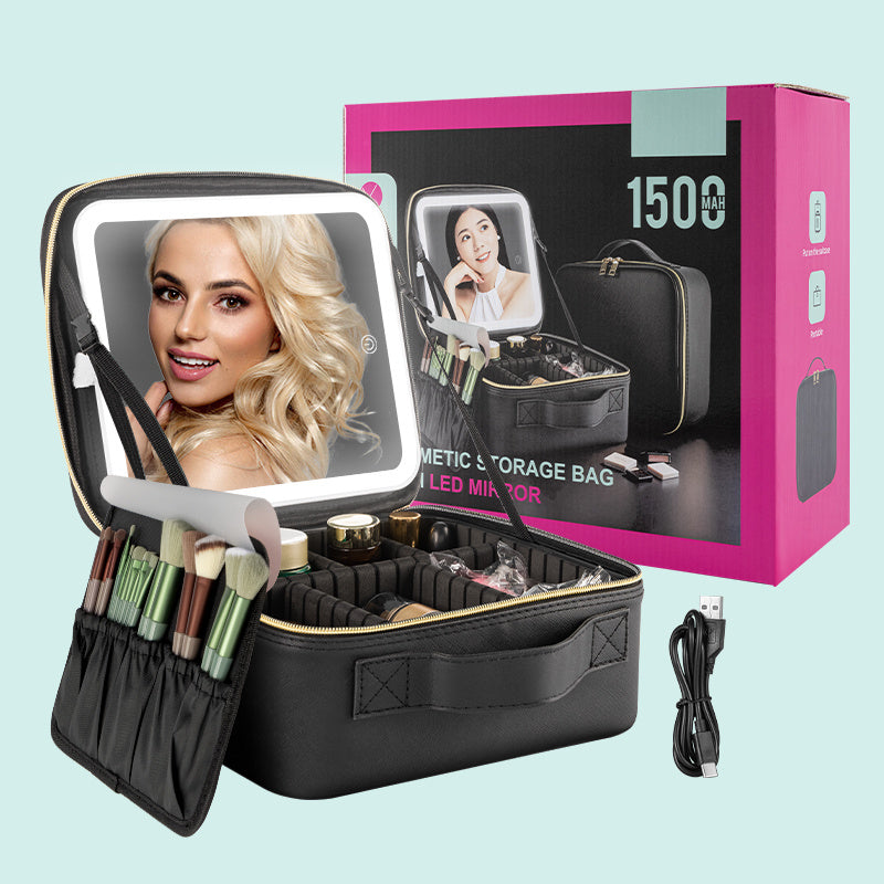 Shopi Vella makeup case with LED light featuring organized compartments and detachable brush holder