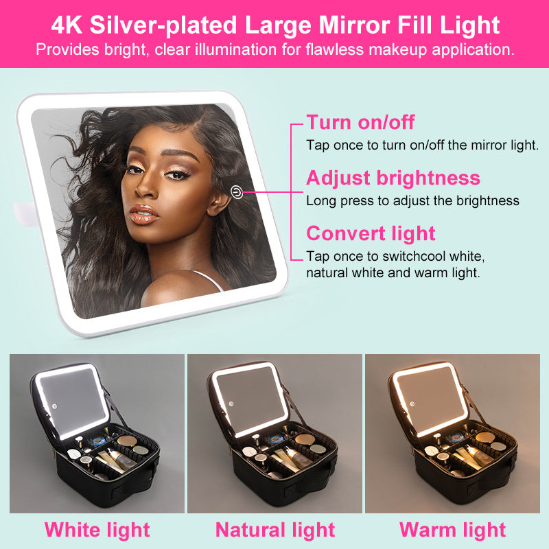 Shopi Vella makeup case with LED light featuring adjustable brightness and three light modes for flawless application
