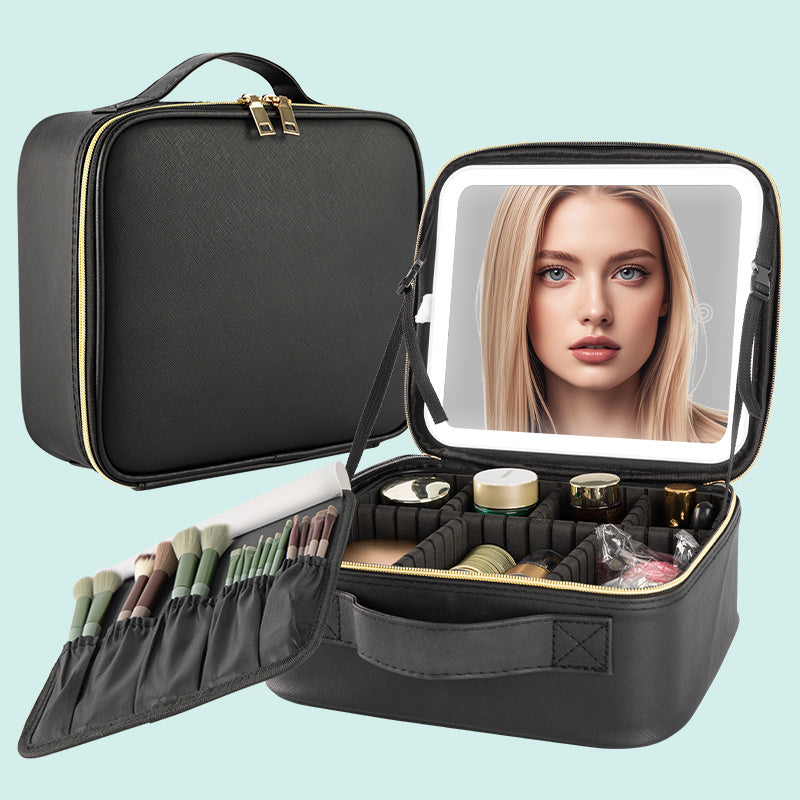 Shopi Vella makeup case with LED light black portable storage box with compartments and brush holder
