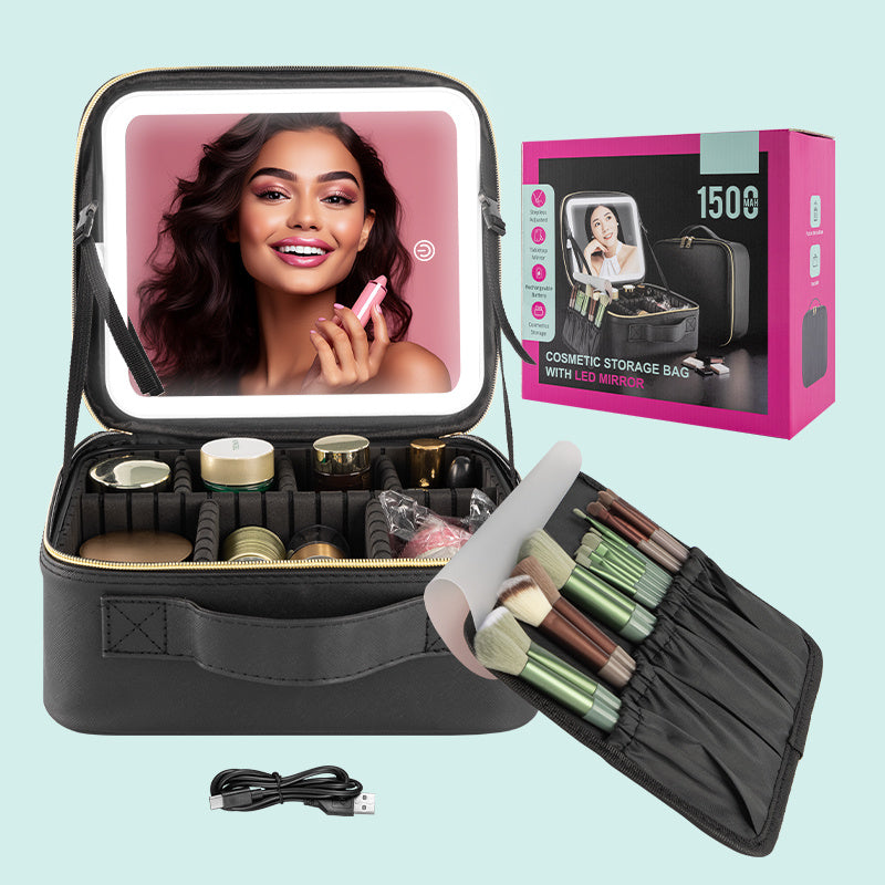 Shopi Vella makeup case with LED light featuring multiple compartments and brush holder for cosmetic storage