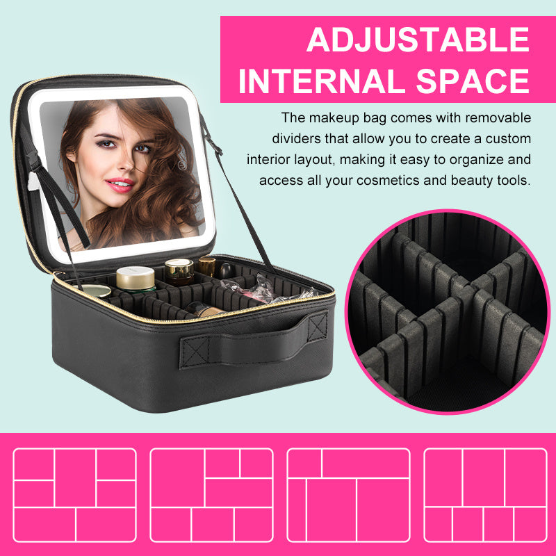 Shopi Vella makeup case with LED light featuring adjustable internal space and removable dividers for organized cosmetics
