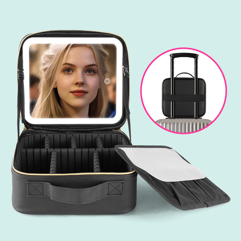 Shopi Vella black makeup case with LED light and adjustable compartments for organized storage