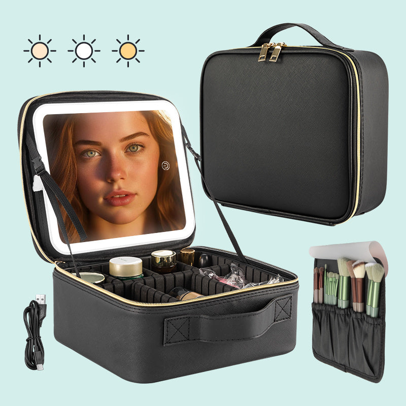 Shopi Vella black makeup case with LED light featuring adjustable compartments and brush holder