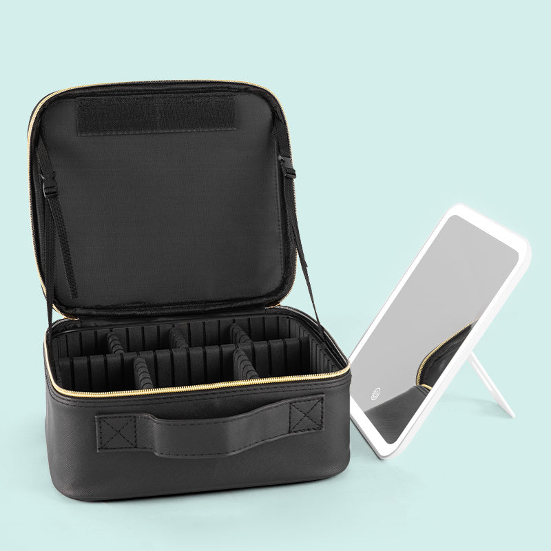 Shopi Vella black makeup case with LED light and multiple compartments for organized storage