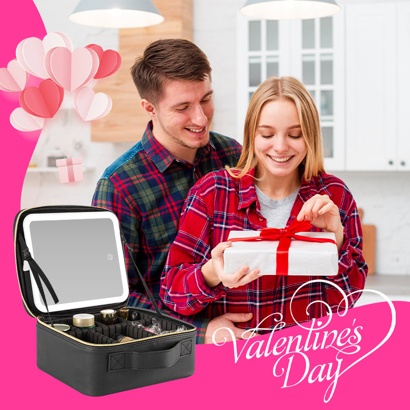 Shopi Vella makeup case with LED light open with organized makeup products beside couple celebrating Valentine's Day