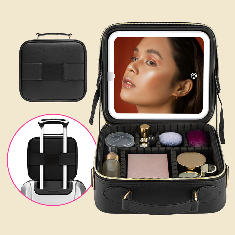 Shopi Vella makeup case with light black storage box with compartments and mirror for cosmetics