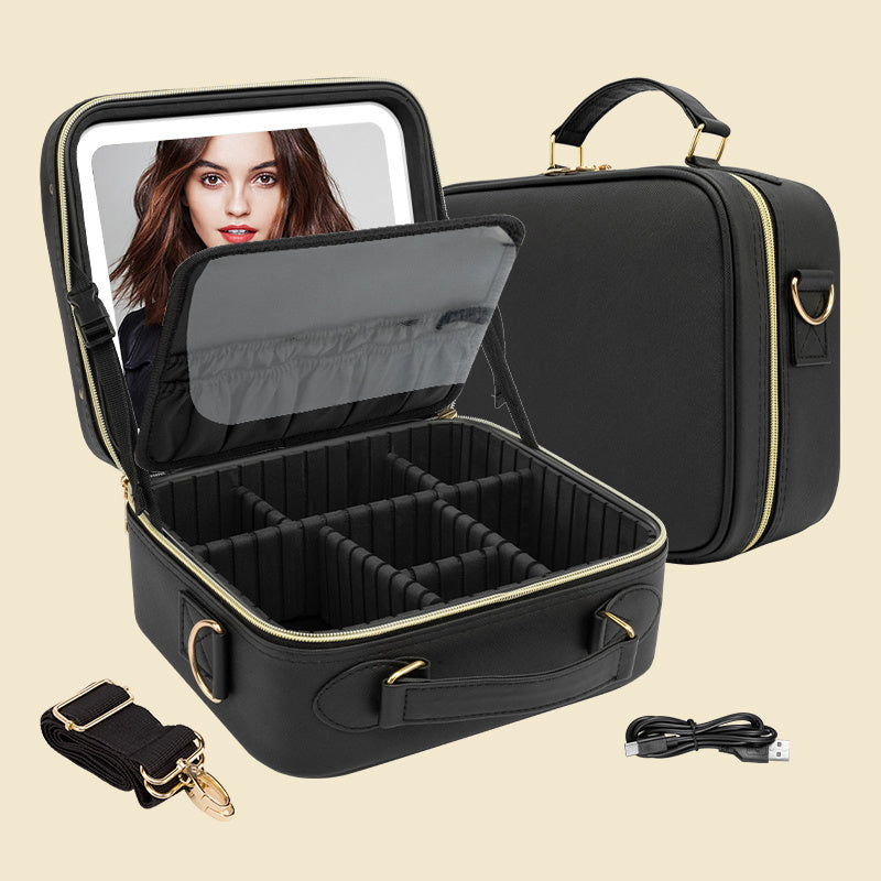 Shopi Vella makeup case with light black storage box with adjustable compartments and USB charging cable
