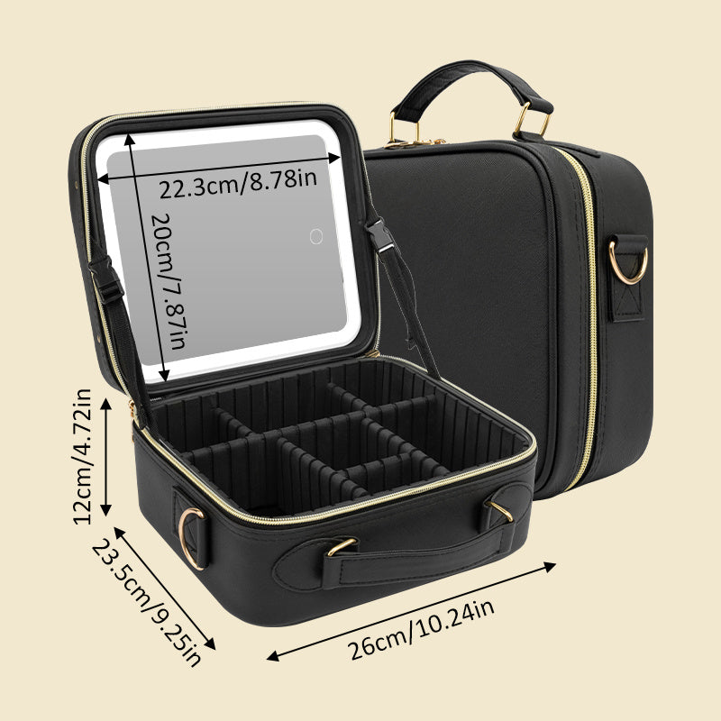Shopi Vella makeup case with light black storage bag with adjustable compartments and LED mirror