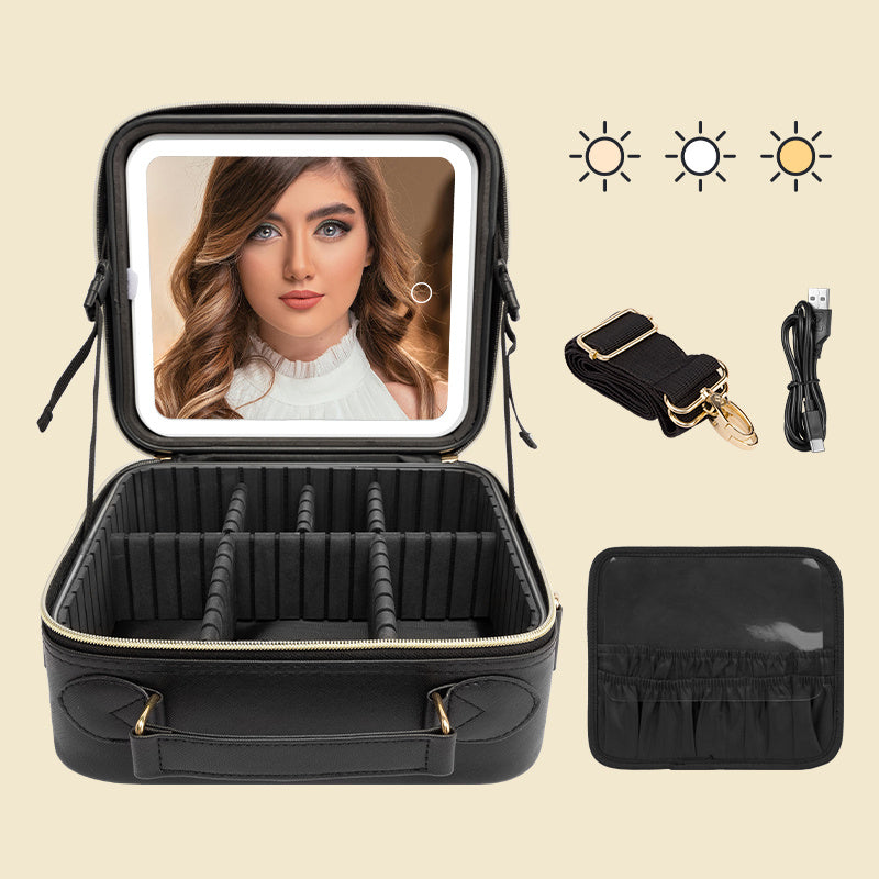 Shopi Vella black makeup case with light featuring adjustable compartments and accessories