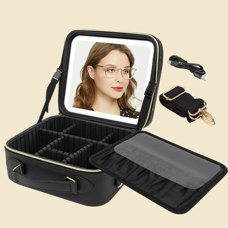 Shopi Vella black makeup case with light featuring adjustable compartments and USB charging cable