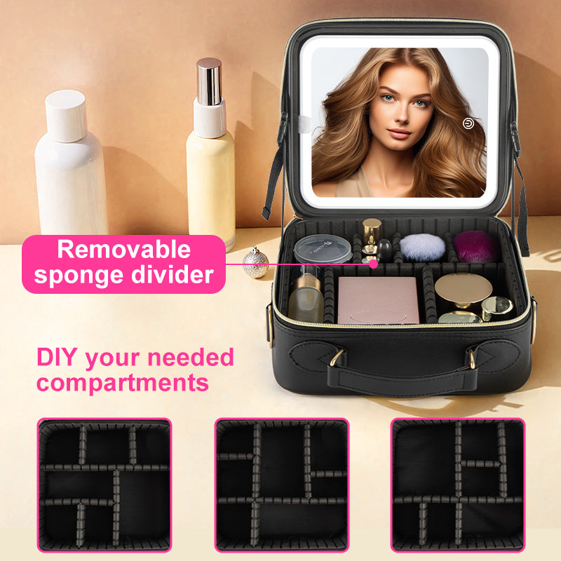 Shopi Vella makeup case with light featuring removable sponge divider and customizable compartments