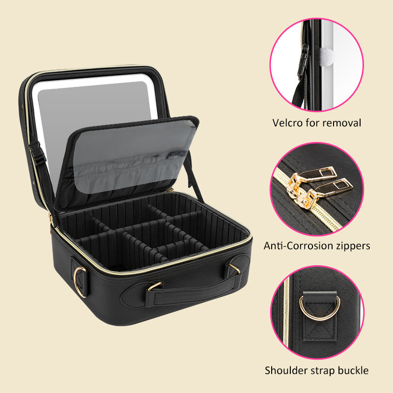 Shopi Vella makeup case with light and compartments featuring anti-corrosion zippers and shoulder strap buckle