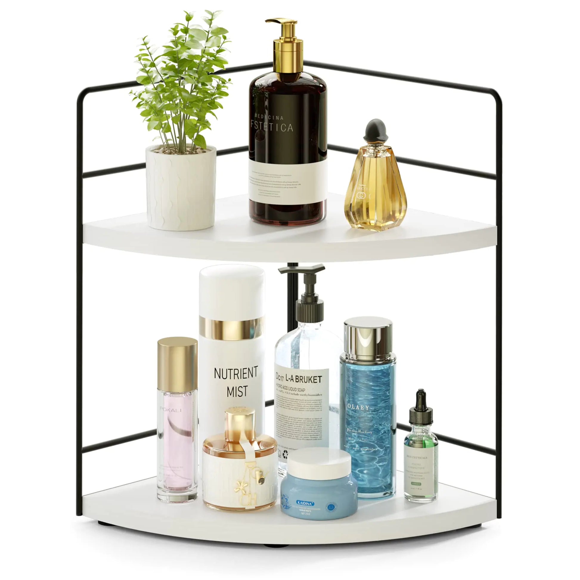 Makeup organizer for bathroom counter with two white shelves and black frame holding skincare and perfume bottles